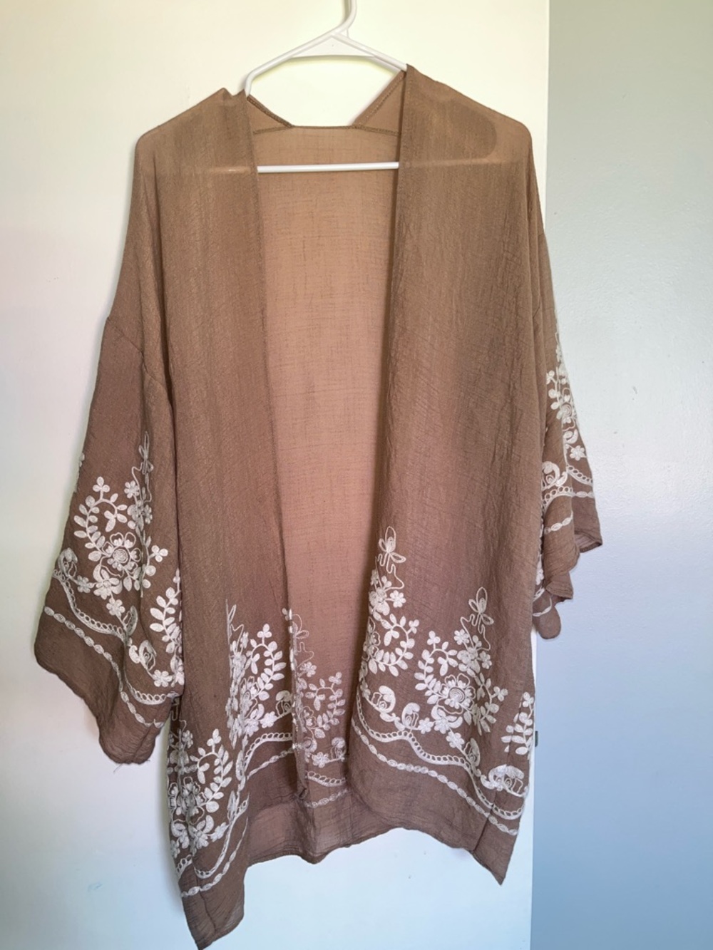 Embroidered Open Kimono Wrap in Dark Tan Brown